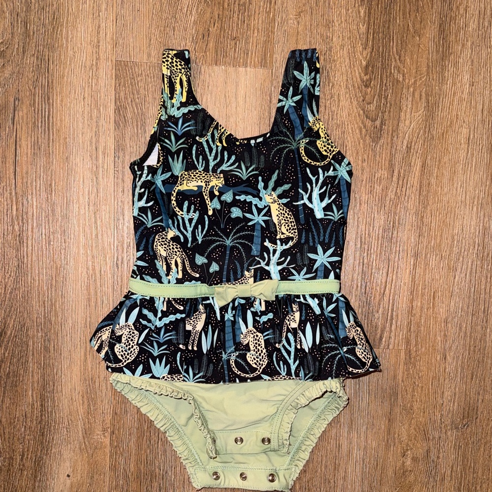 Ruffle Butts Black and Green Leopard Kids Swim One Piece